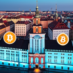 **A futuristic cityscape blending digital elements (blockchain, cryptocurrency symbols) with traditional Polish architecture. Think Warsaw Old Town with holographic Bitcoin logos projected onto buildings.**