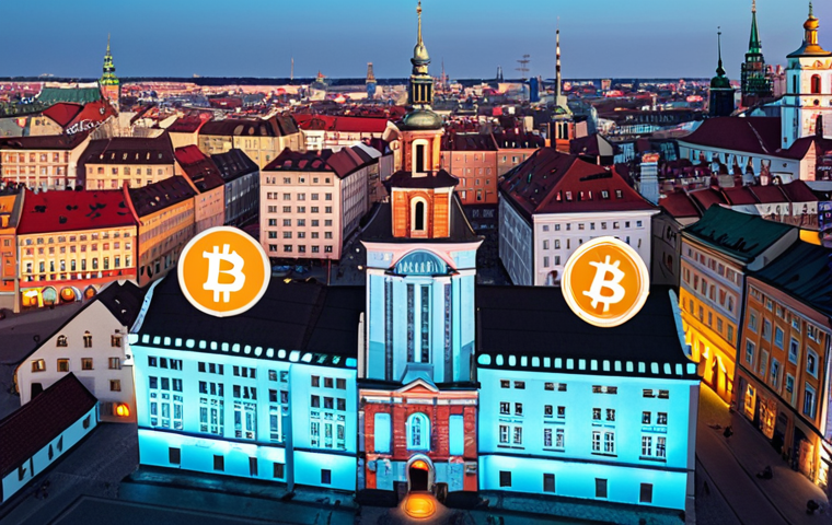 **A futuristic cityscape blending digital elements (blockchain, cryptocurrency symbols) with traditional Polish architecture. Think Warsaw Old Town with holographic Bitcoin logos projected onto buildings.**